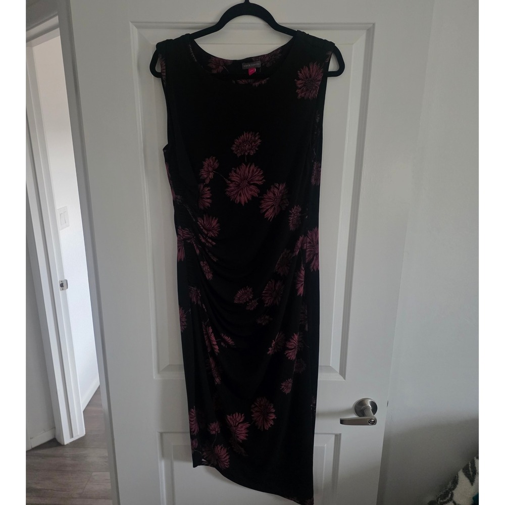 Vince Camuto Womens Black Pink Floral Ruched Sheath Midi Dress Size L Sleeveless